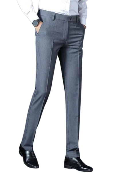 Man wearing beige dress pants with brown belt and shoes in business casual attire.